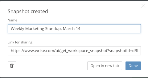Wrike Reports snapshot save URL window. Create Wrike Reports and share easily.