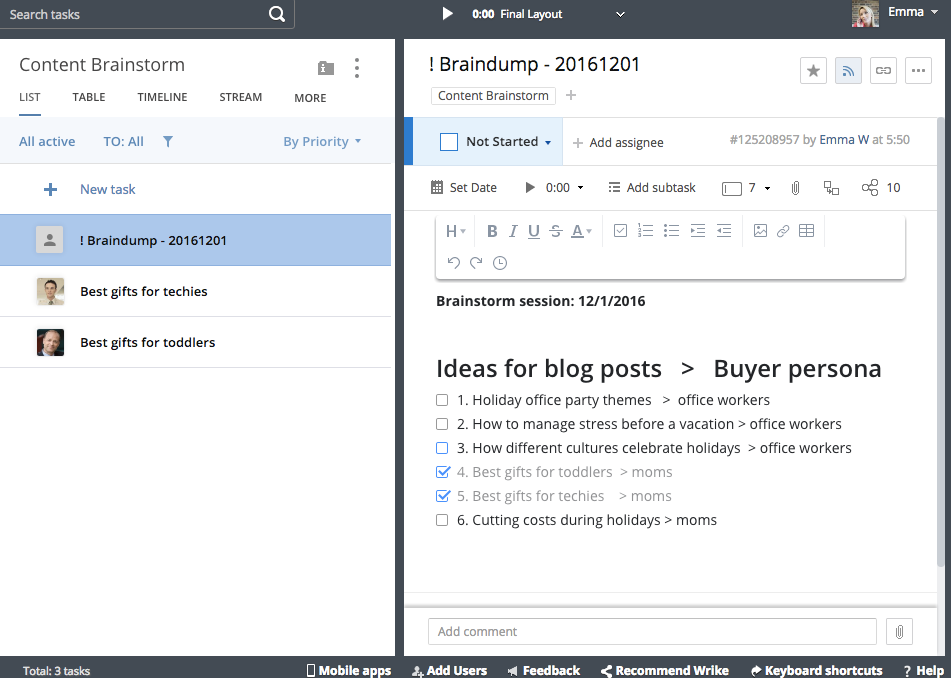 Using Wrike for brainstorming content