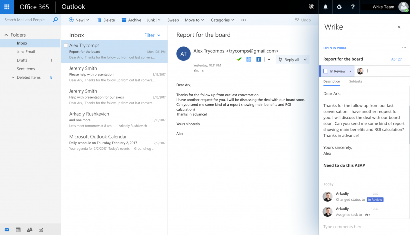  A Wrike task created from an email using our Outlook Add-in, which can be edited in a panel next to that email.