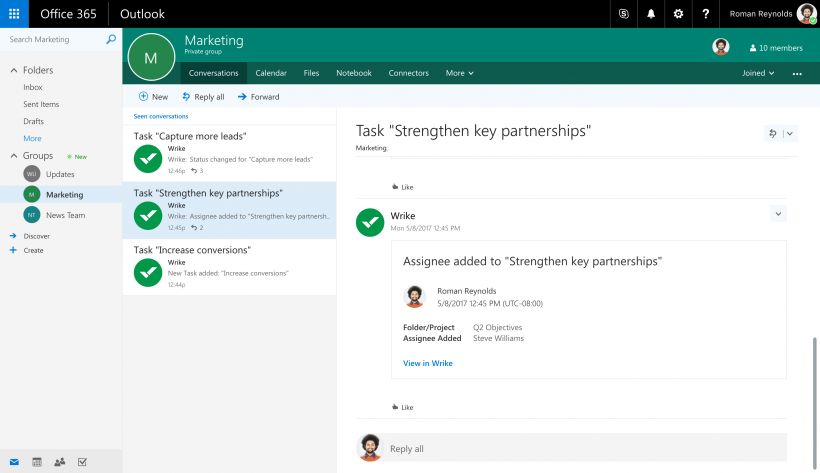 A Wrike notification sent via our connector to an Office 365 Groups discussion in Outlook.