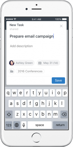 App de Wrike para iOS - pantalla de creación de tareas - app para móvil de Wrike