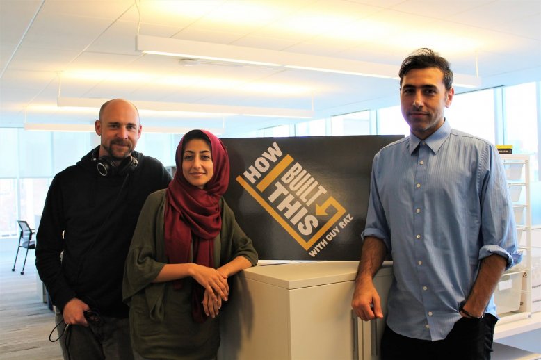 Ramtin Arablouei (R) with fellow NPR producers Casey Herman (L) and Rund Abdelfatah (Middle). Photo by Robyn Park/NPR.