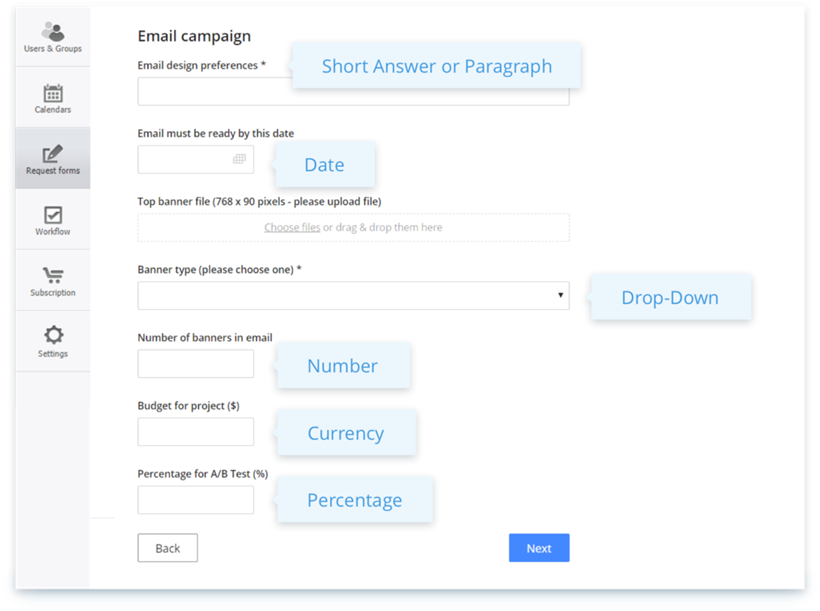 Sample request form with custom fields