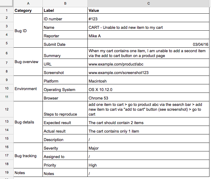 Writing a bug report in development