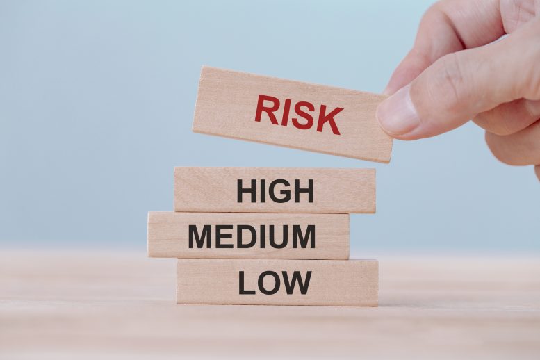 Small wooden blocks with words on them: Risk, high, medium, low