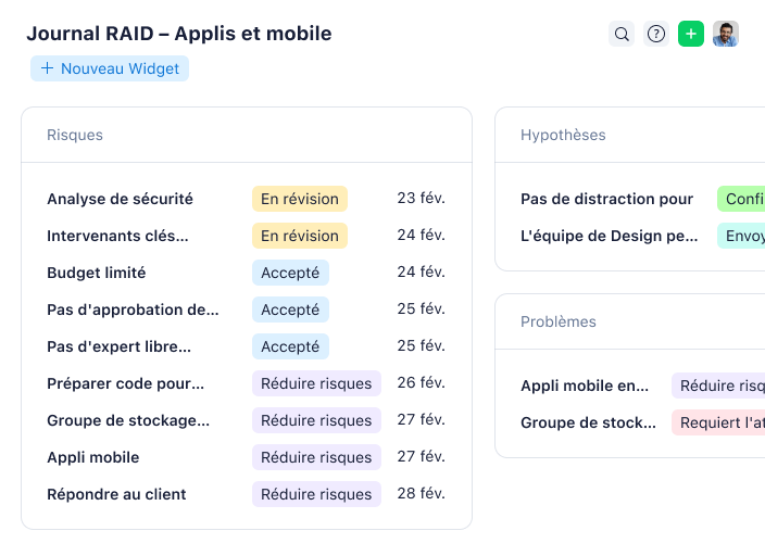 Tableau de bord d’application avec log RAID sur mobile et bureau.