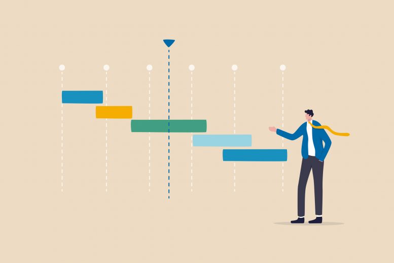 An abstract image of a gantt chart with a man standing by it pointing