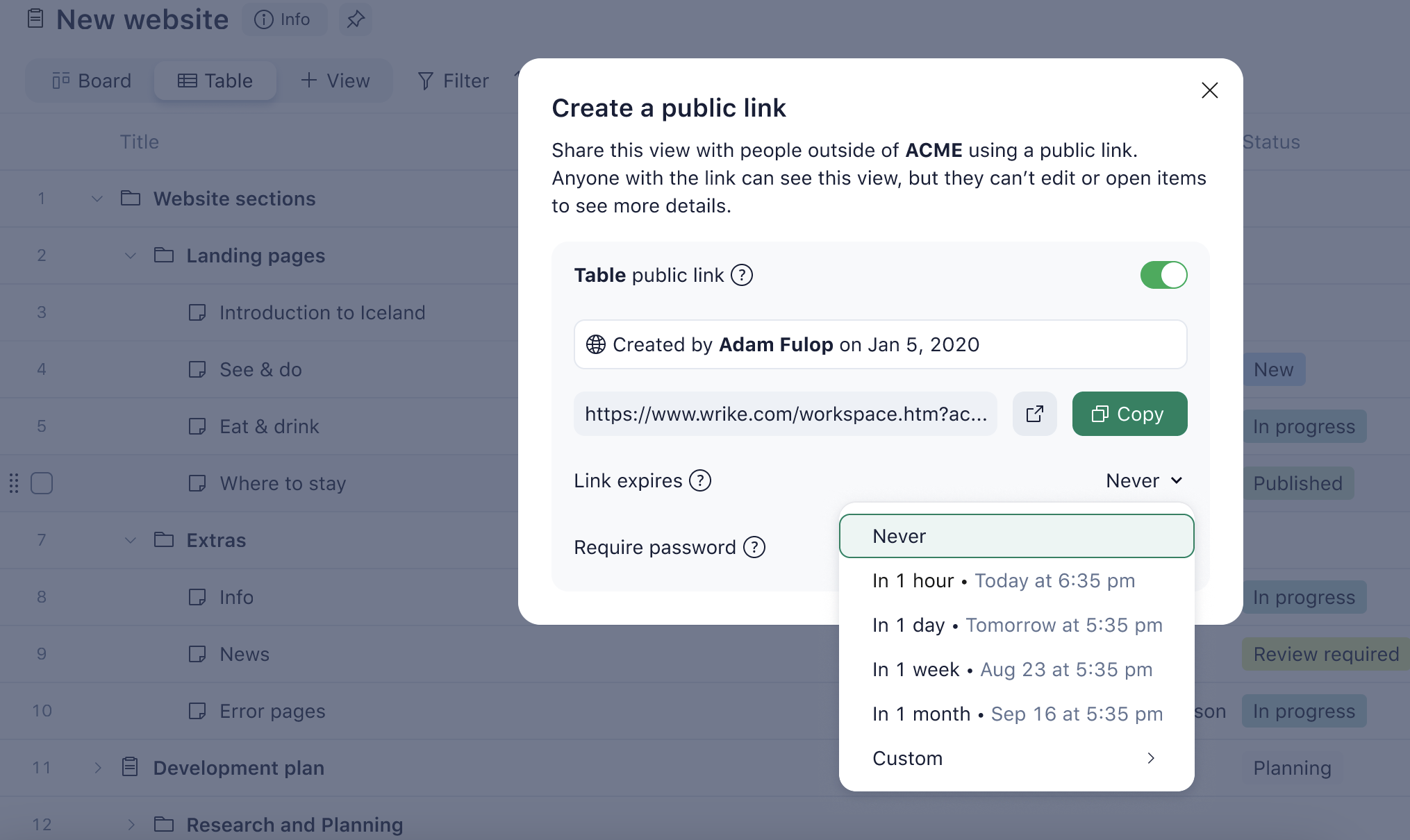 Wrike screenshot showing how to create a public link
