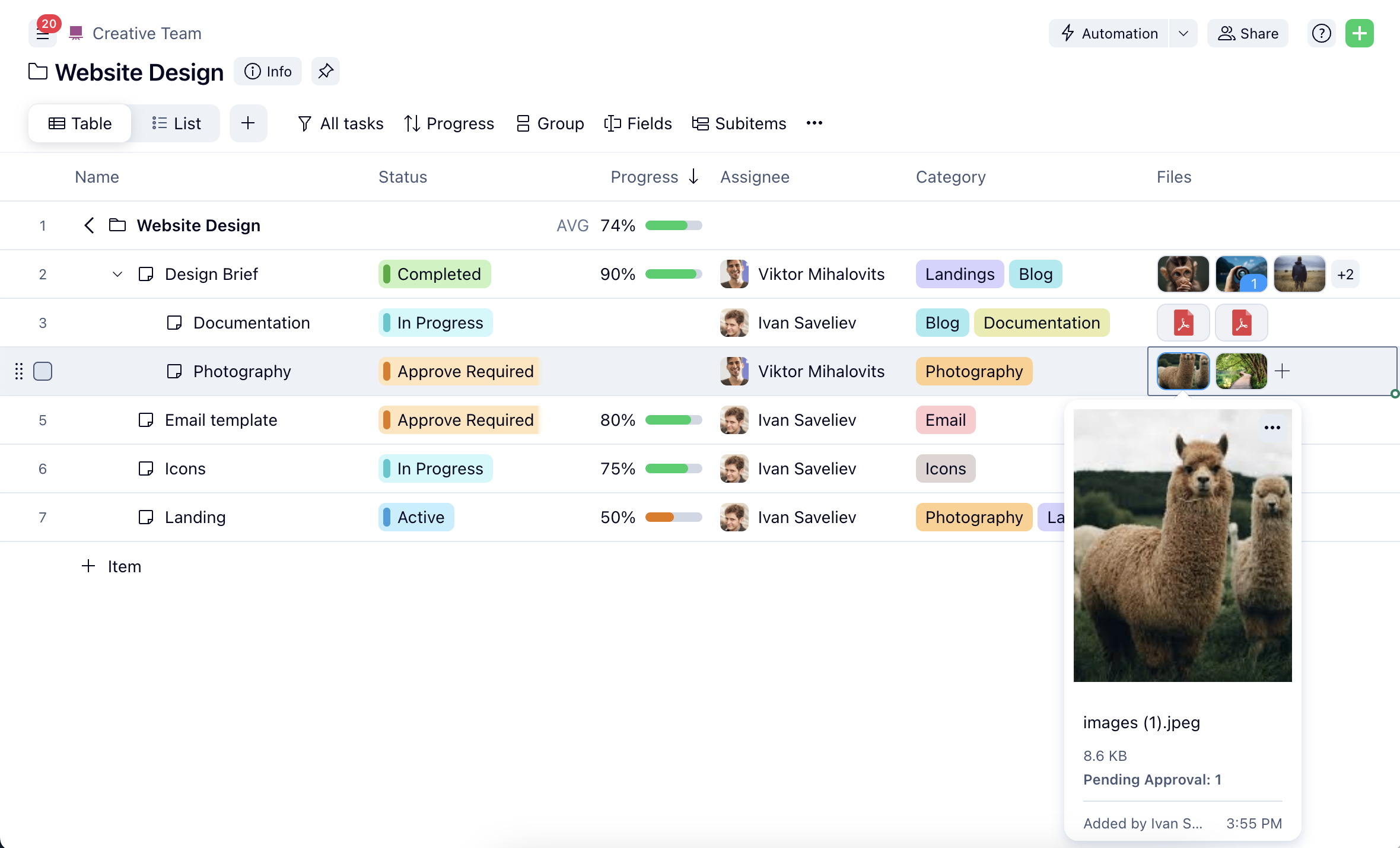 Screenshot of the Files column in Wrike’s Table view