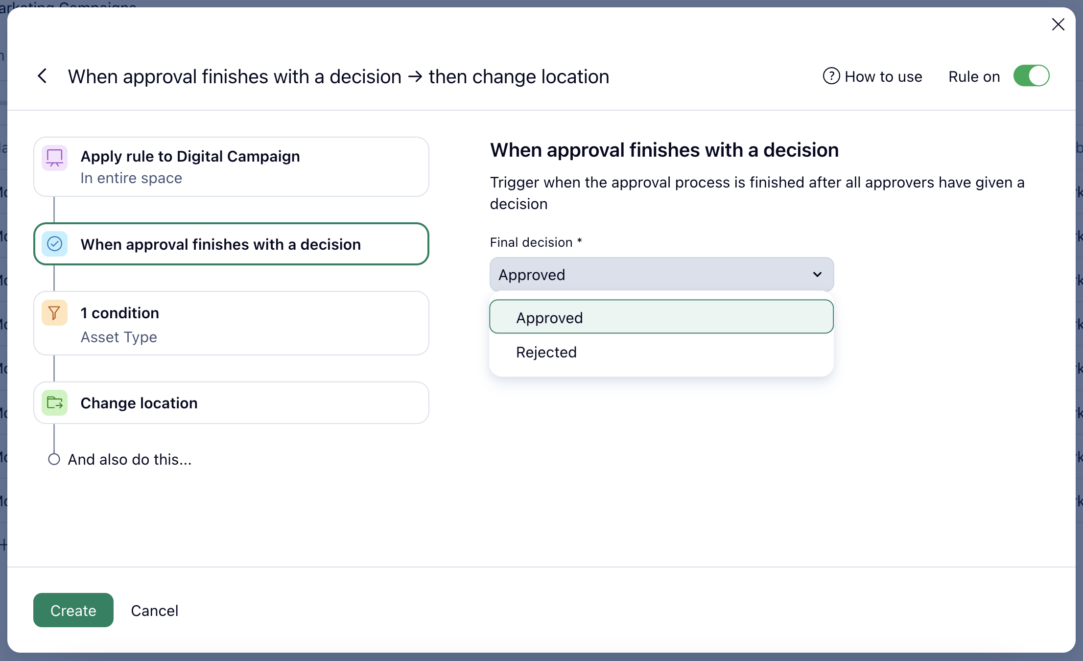 A screenshot of creating an automation rule based an on approval decision in Wrike
