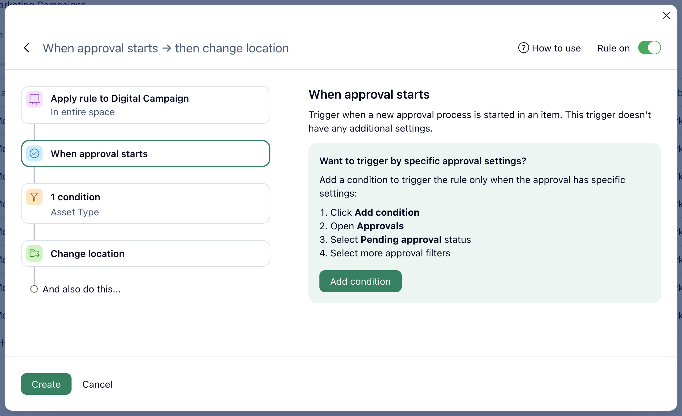 A screenshot of creating an automation rule for Wrike’s approval feature