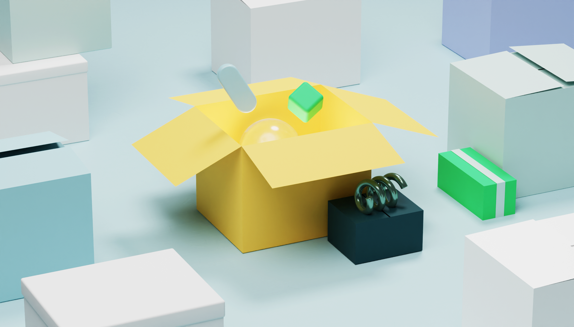Graphic image of box opening with spring and other shapes around. Created to represent new Wrike product updates.