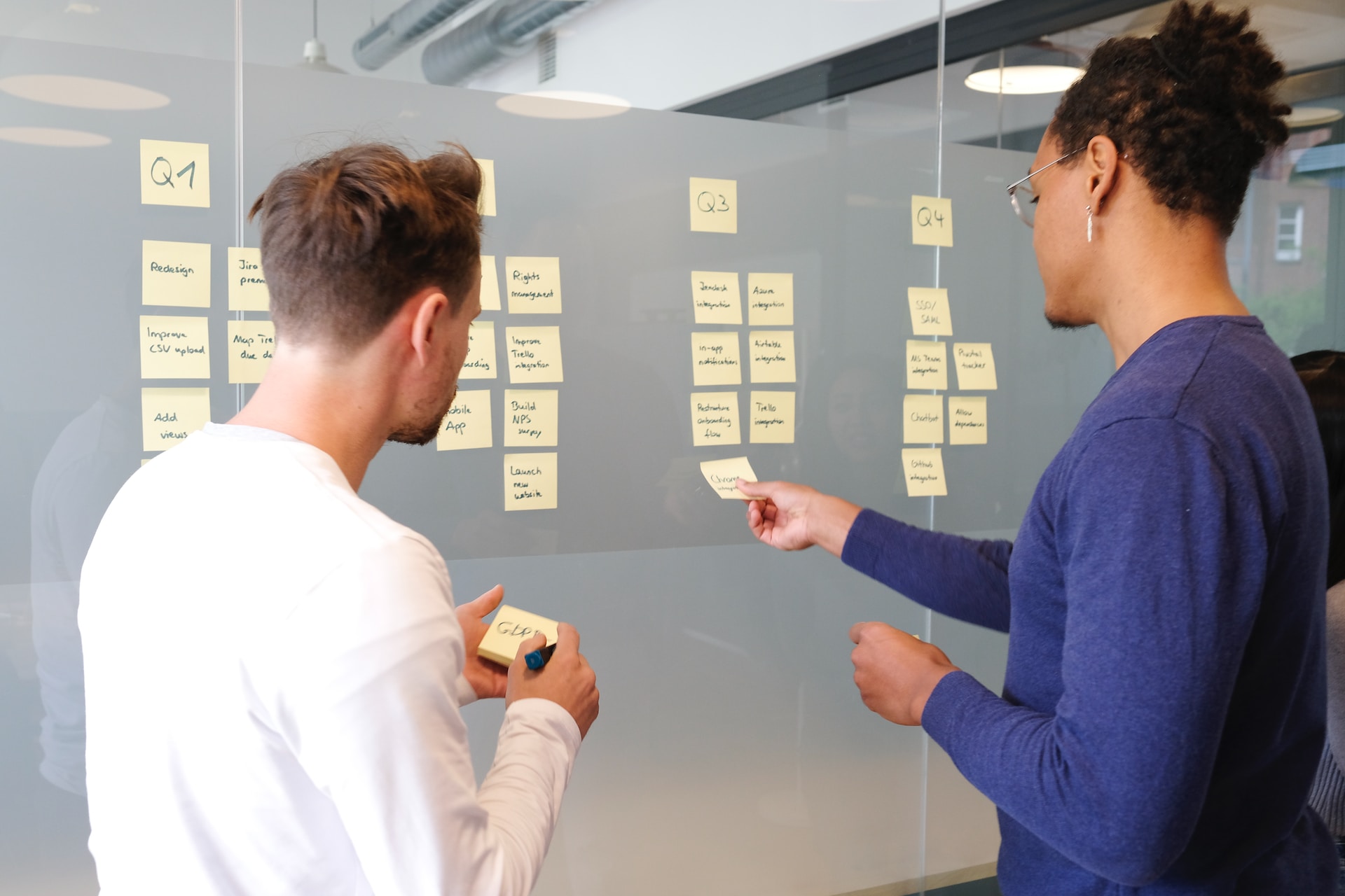 Two coworkers putting sticky notes on a board