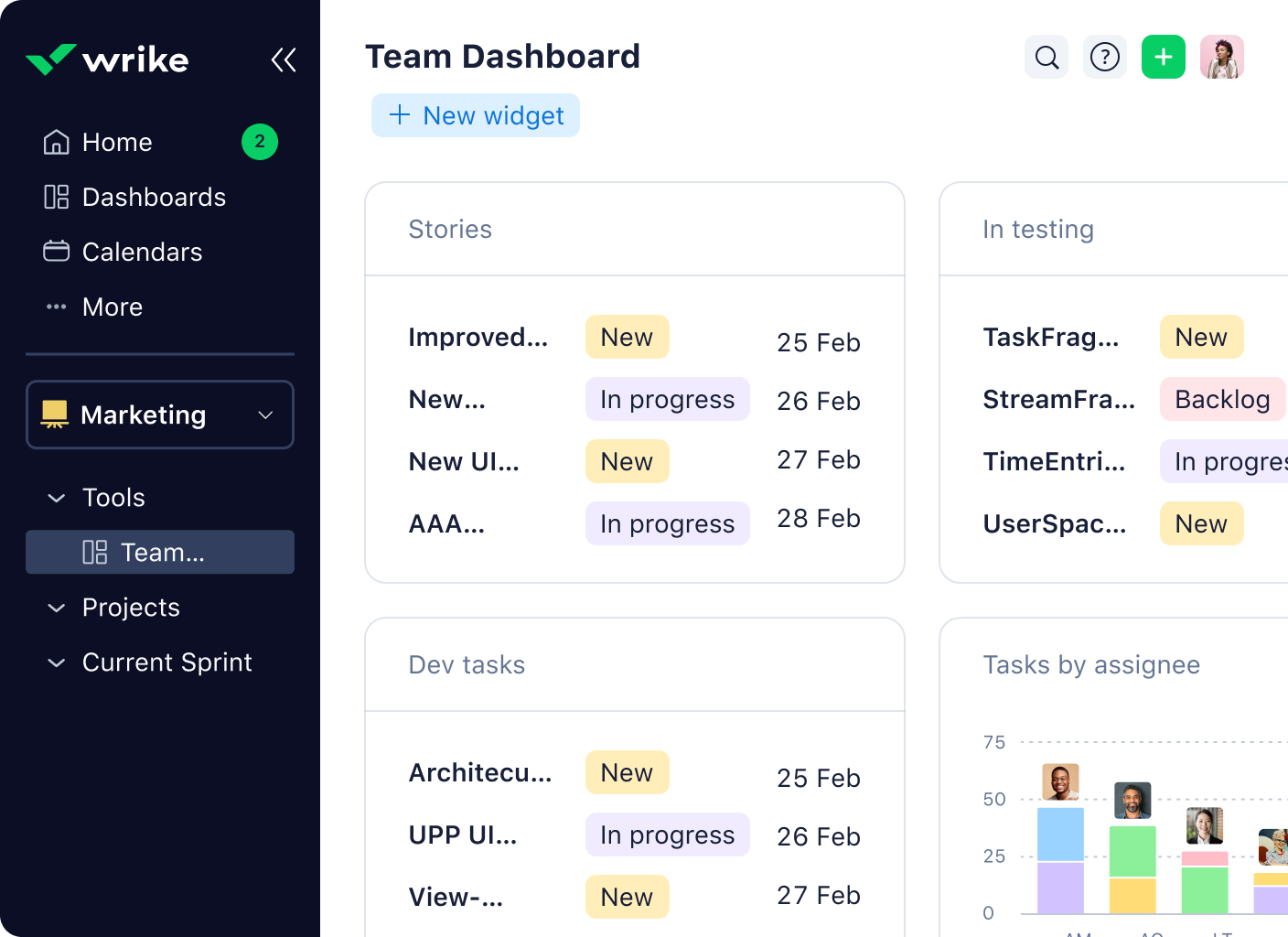 wrike product screenshot of team dashboard