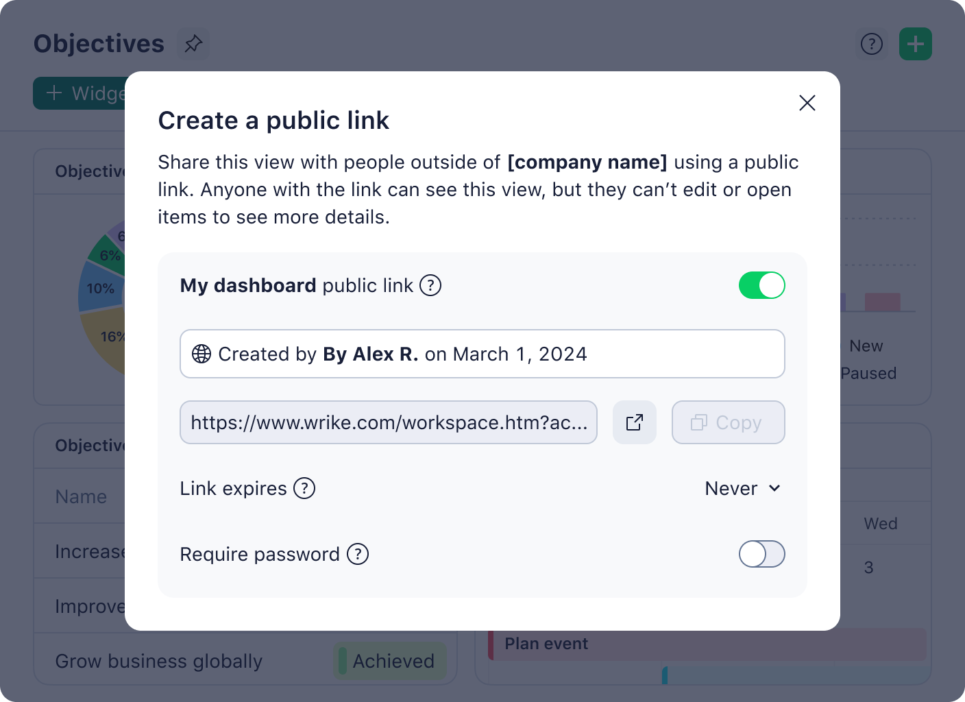 product screenshot of wrike dashboards showing public link