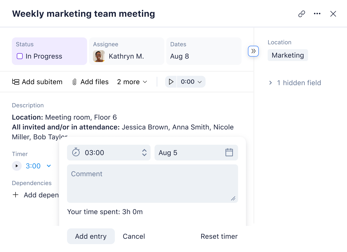 screenshot of time tracking for a marketing meeting