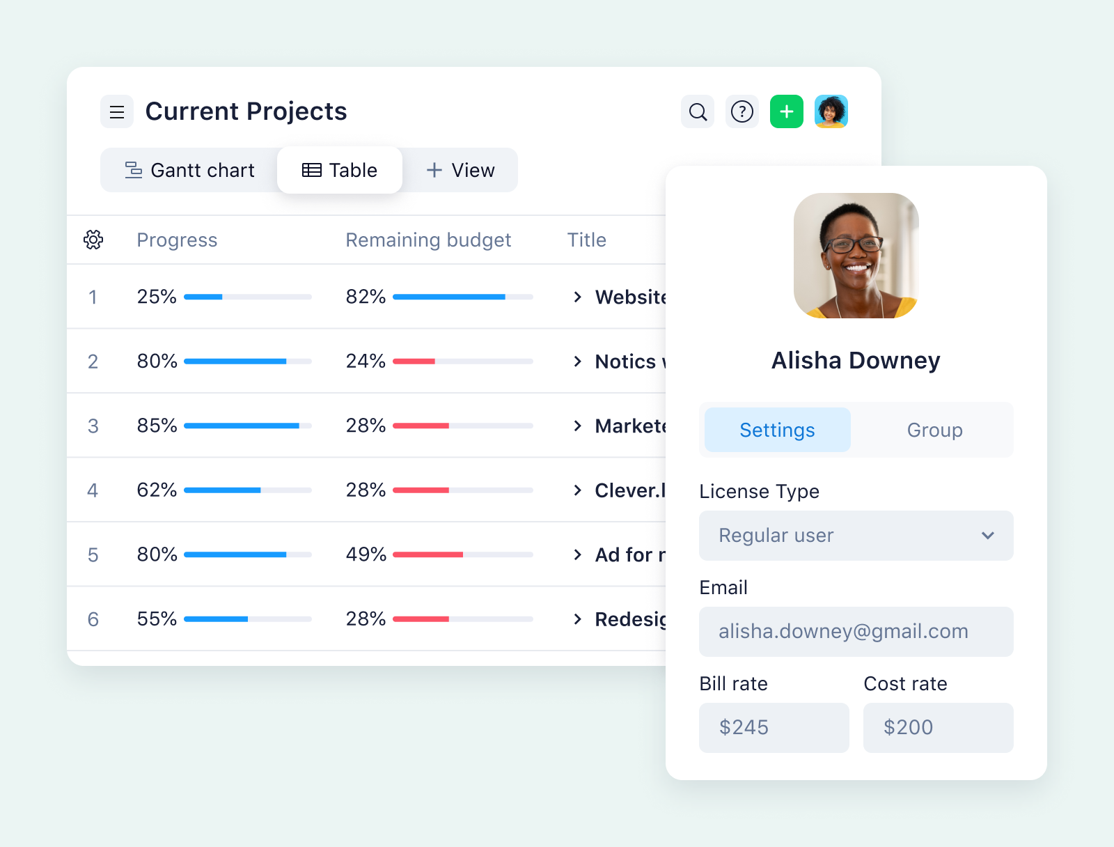 product screenshot of wrike table view on aqua background