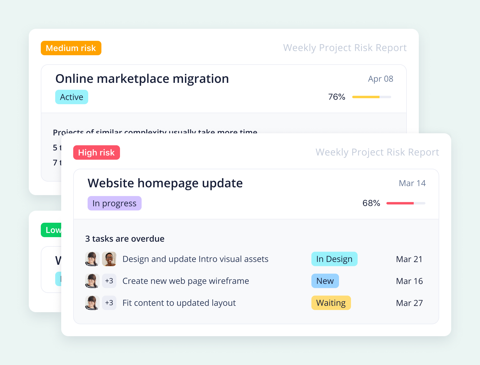 product screenshot of wrike project risk report on aqua background