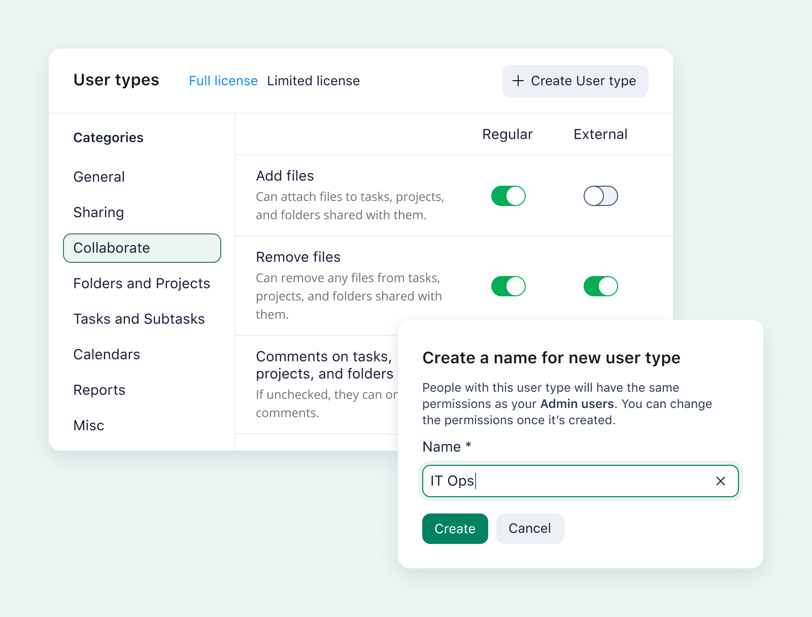 product screenshot of wrike user types on aqua background