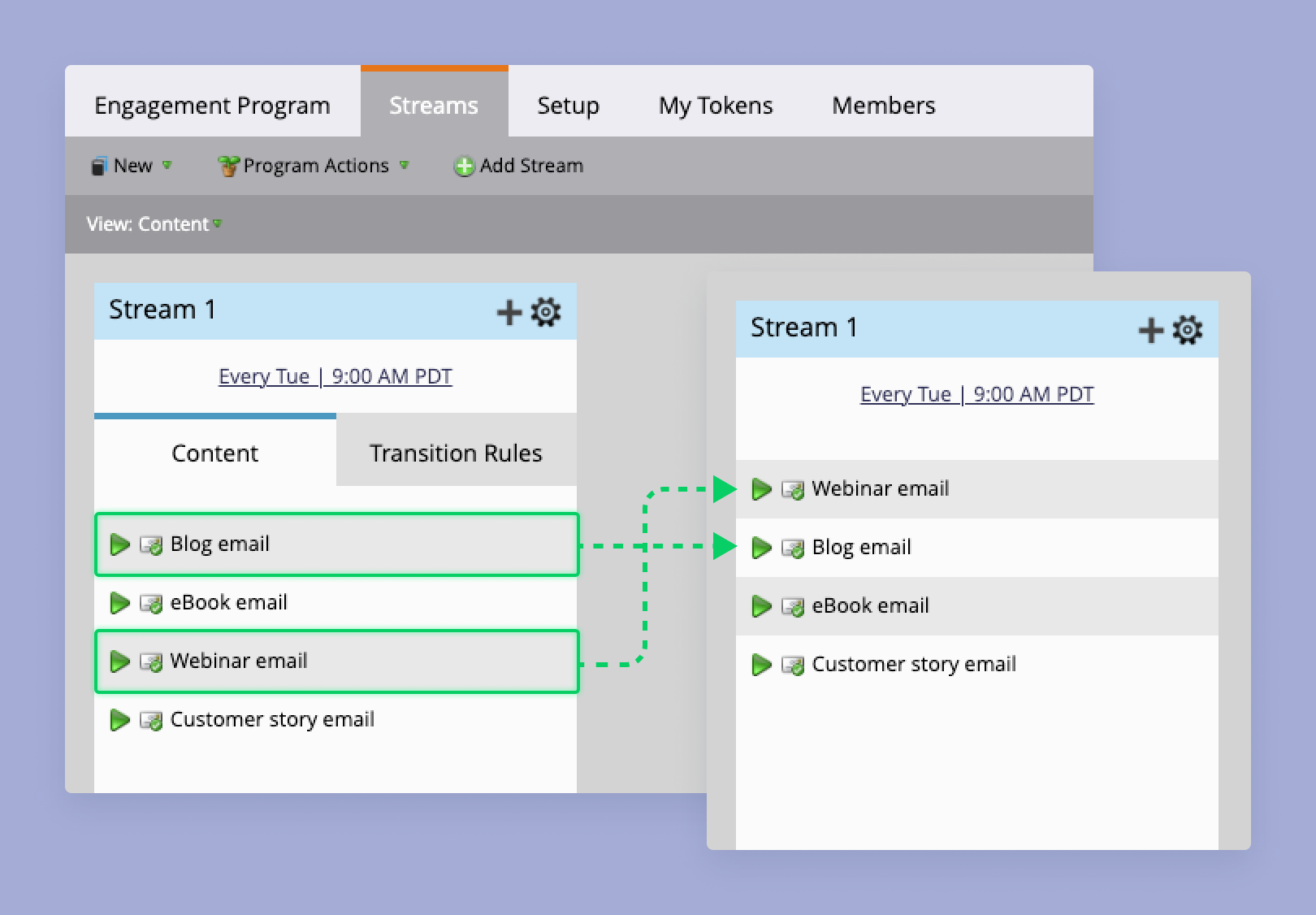 screenshot of marketo moving assets inside stream