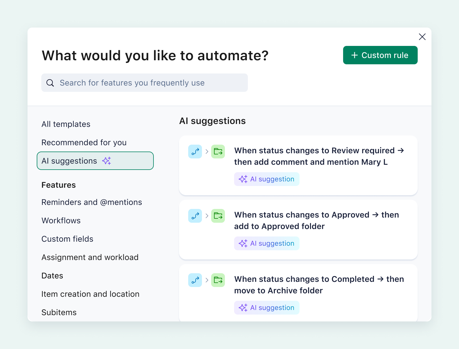 product screenshot of wrike ai suggestions for automation on aqua background