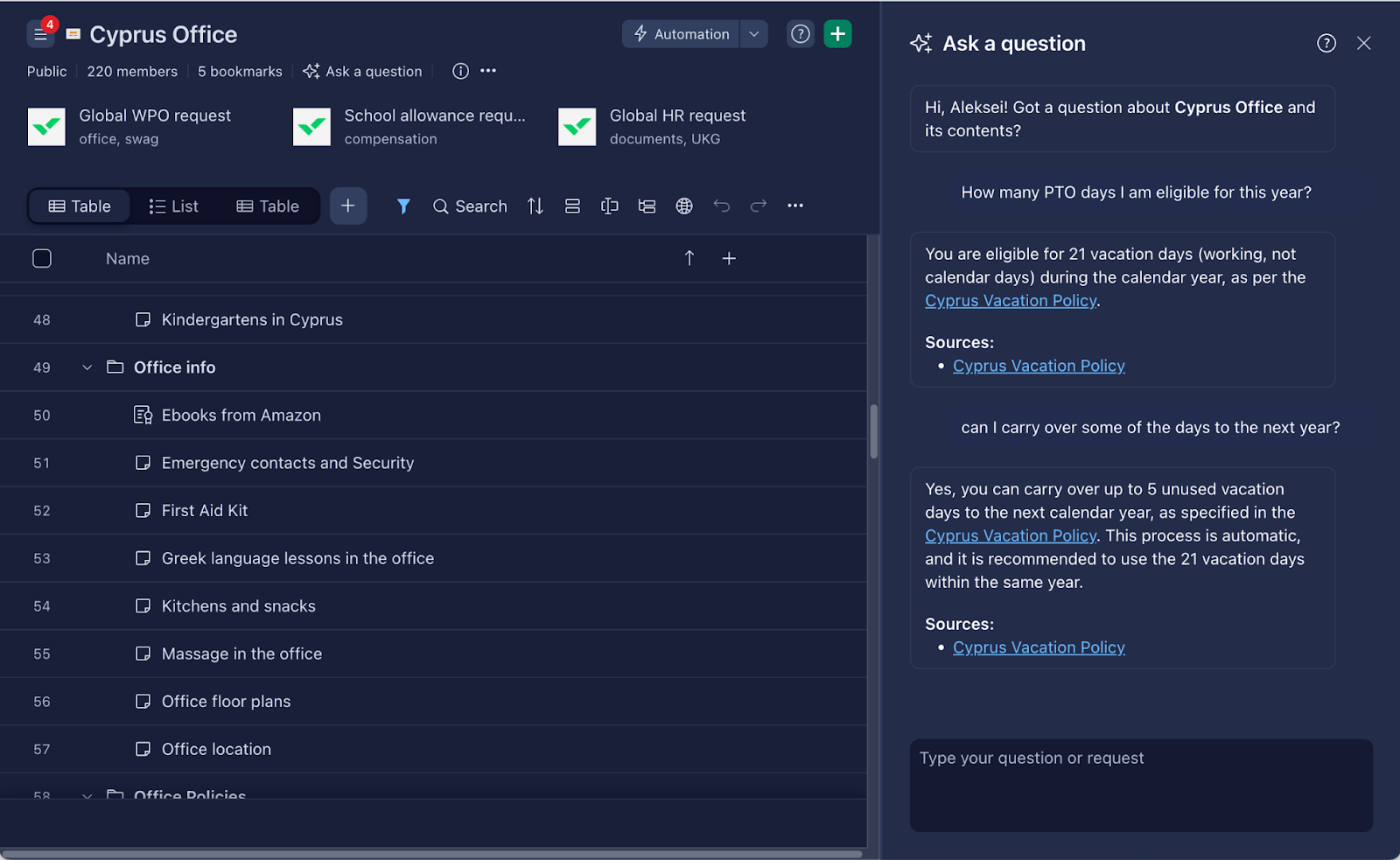 product screenshot of wrike AI Q&A