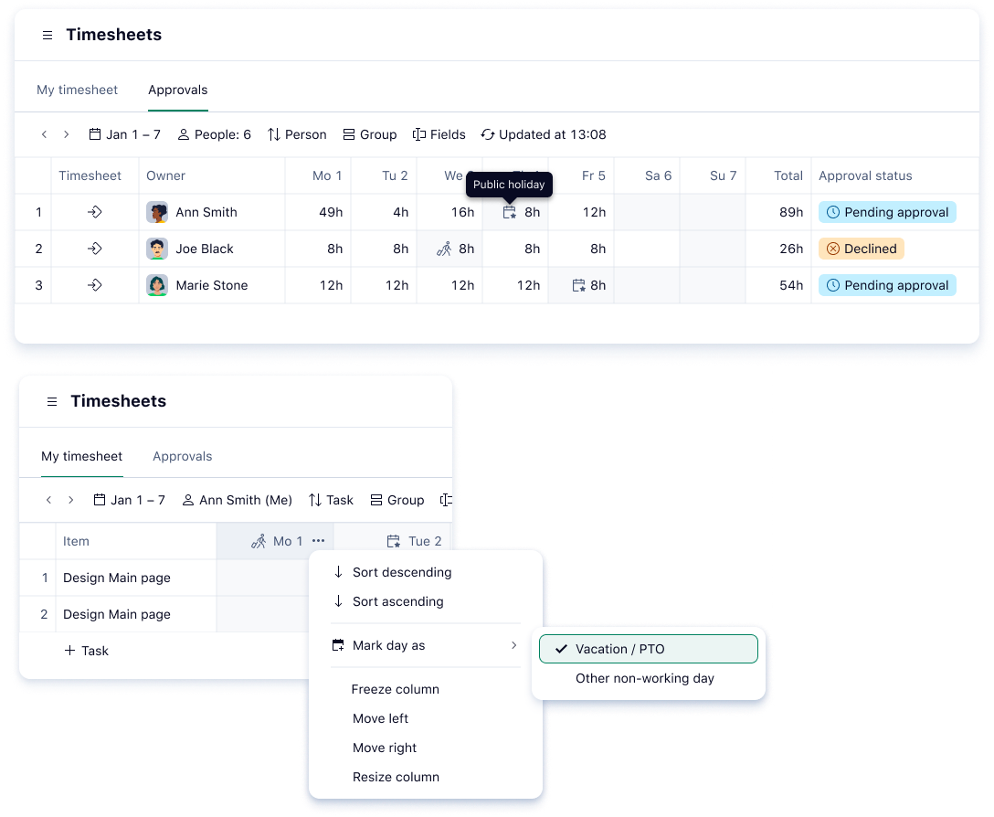 product screenshot of wrike timesheets
