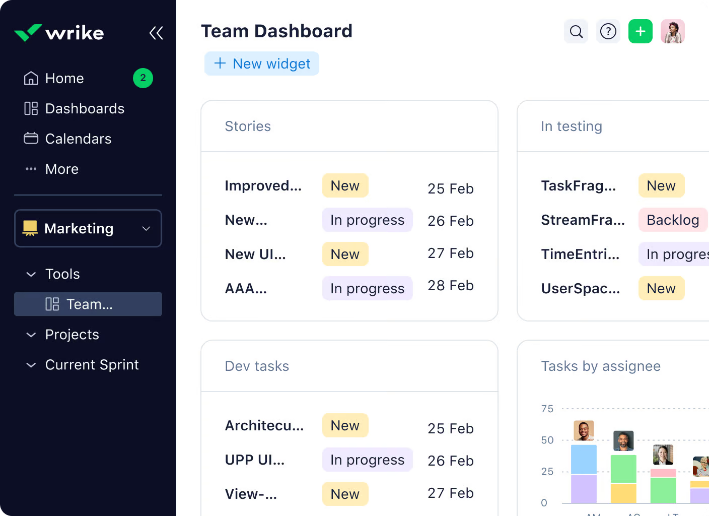 product screenshot of team dashboard widget