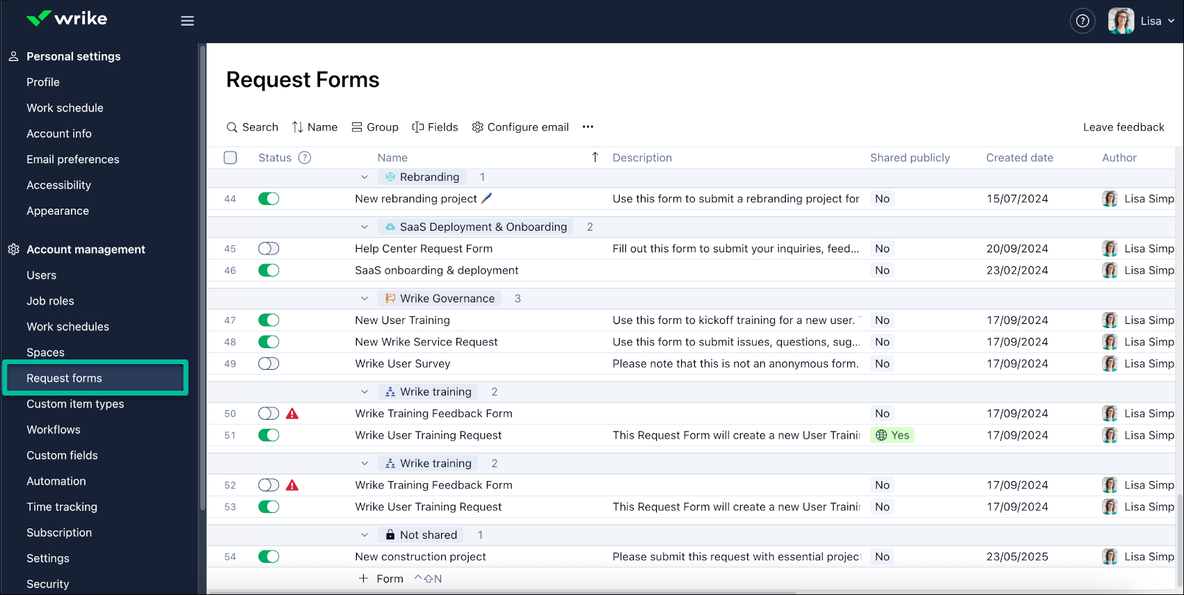 product screenshot of wrike request form account mgmt