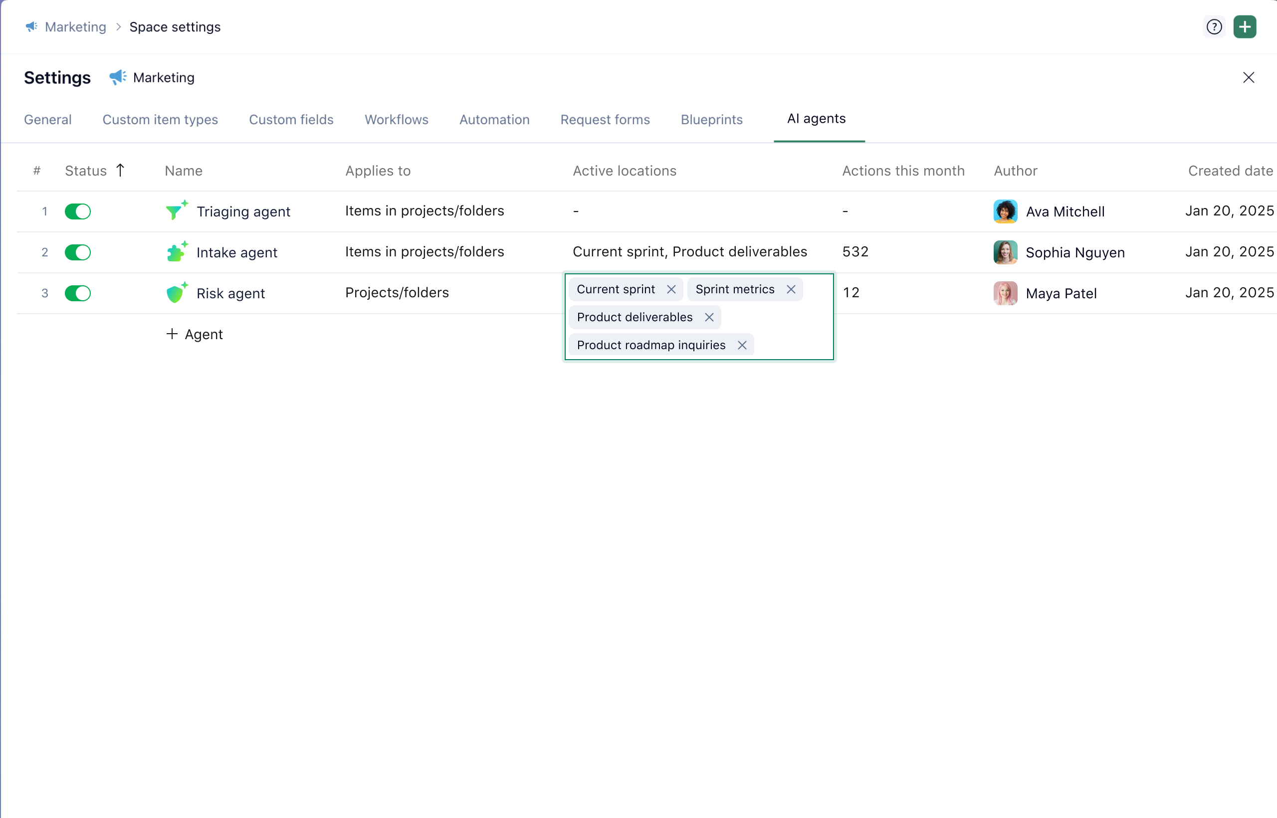 product screenshot of wrike ai agent space settings