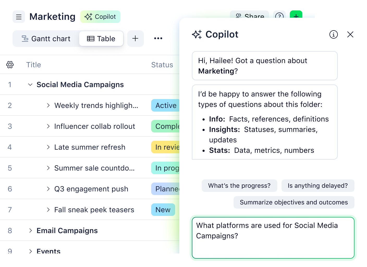 AI Copilot table view showcasing task management and collaboration features.