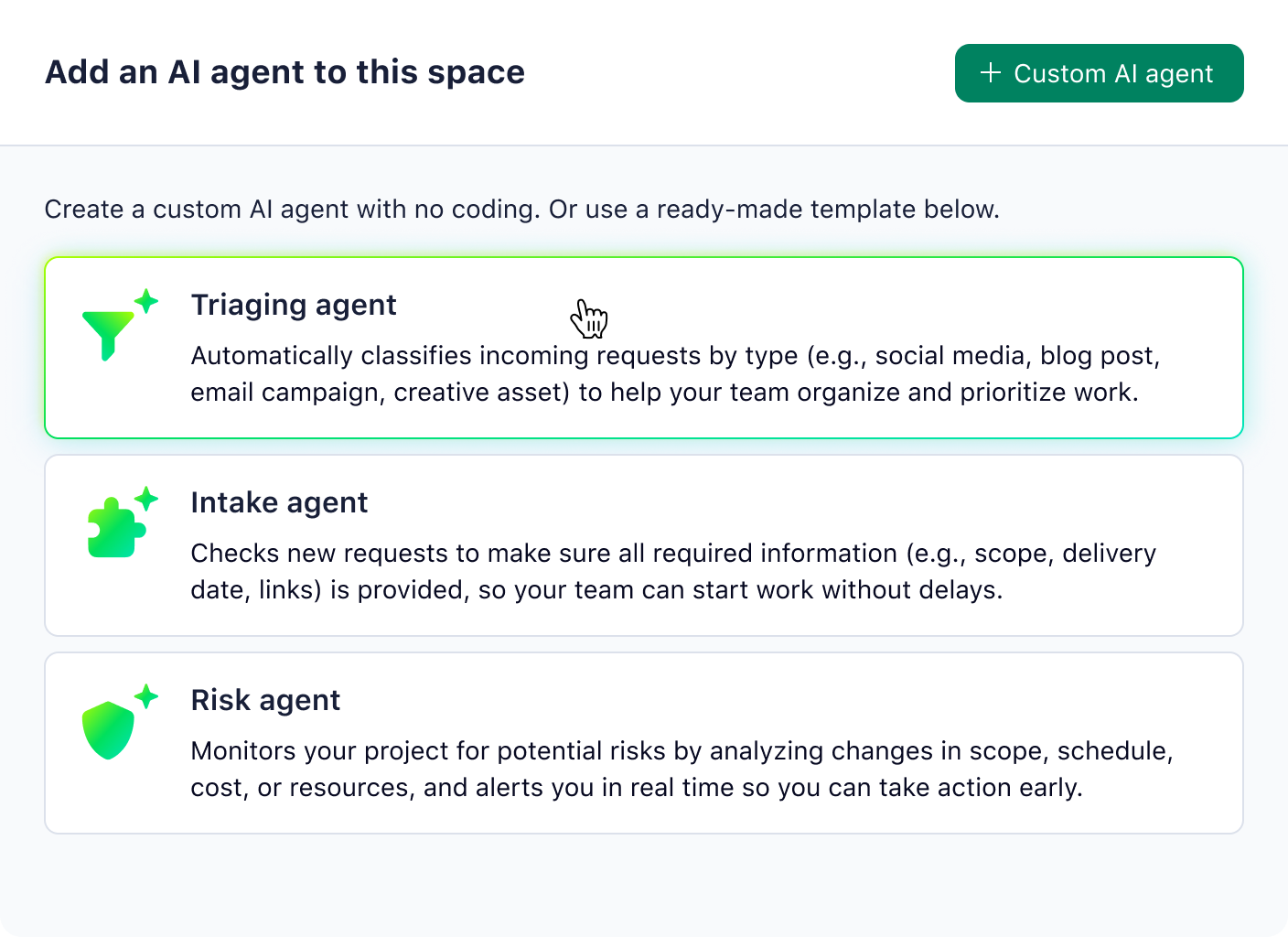 product screenshot of wrike ai agent