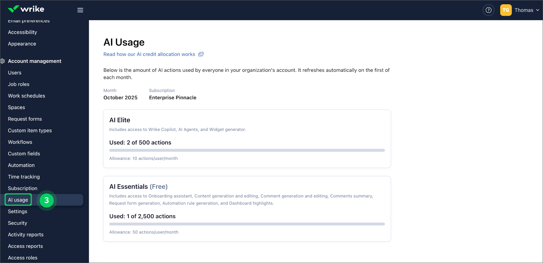 Wrike account AI usage chart with data visualizations and insights.