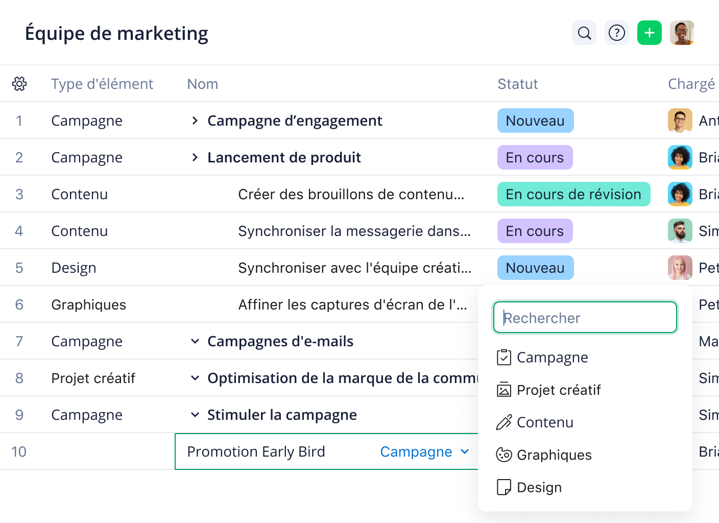 Product screenshot showing a table view with project management features.