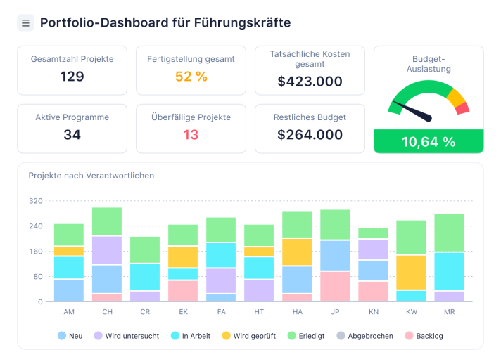 Executive Portfolio Dashboard mit Grafiken und Kennzahlen zur Projektanalyse.