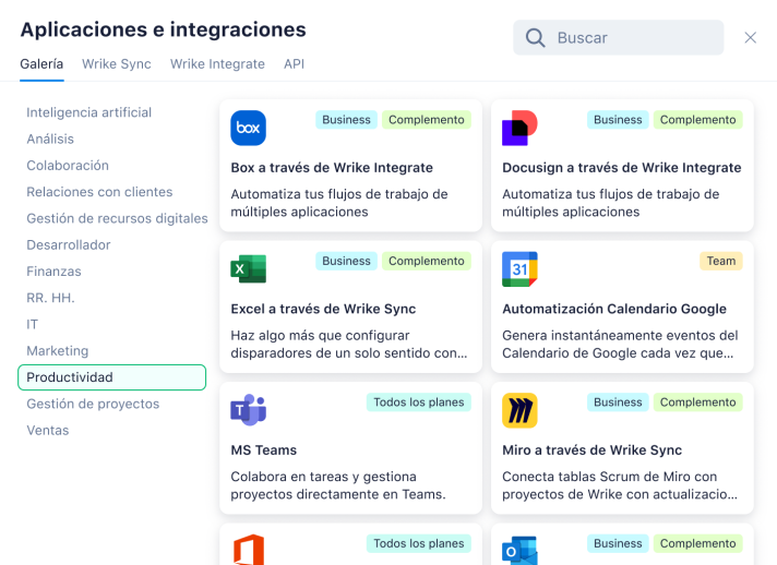 Aplicaciones e integraciones populares para gestión de proyectos y colaboración.