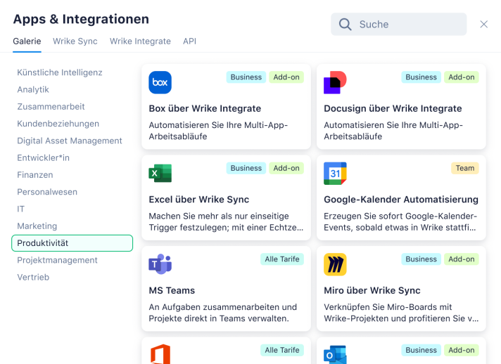 Produktivitäts-Dashboard mit Apps, Integrationen und Echtzeit-Datenübersicht.
