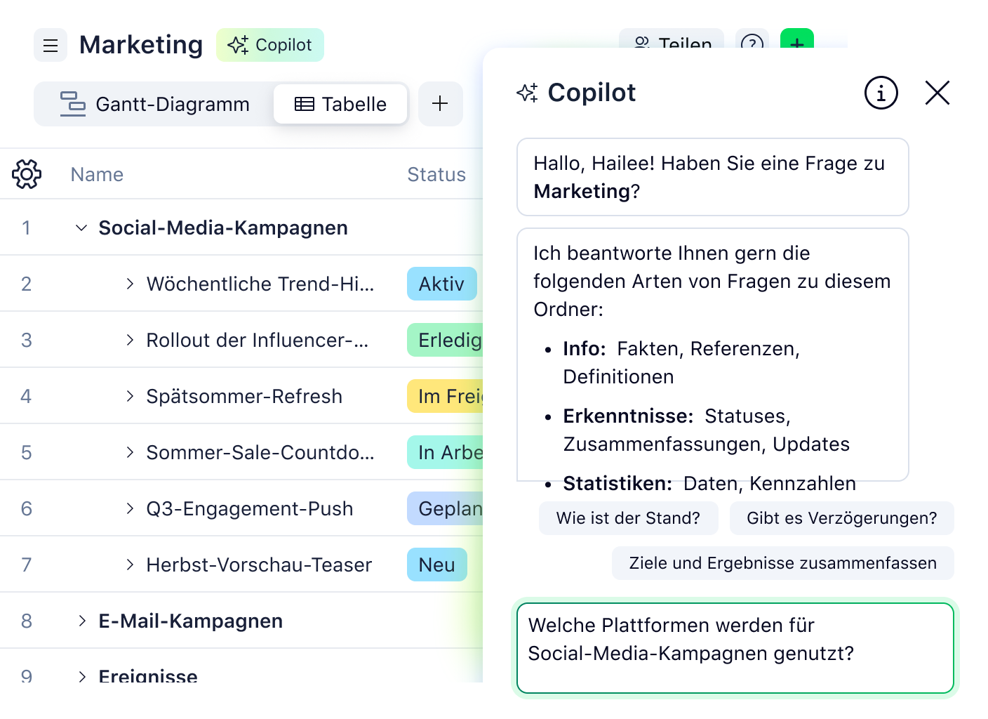KI-Copilot Tabellenansicht mit Aufgabenstatus und Prioritäten in Wrike.