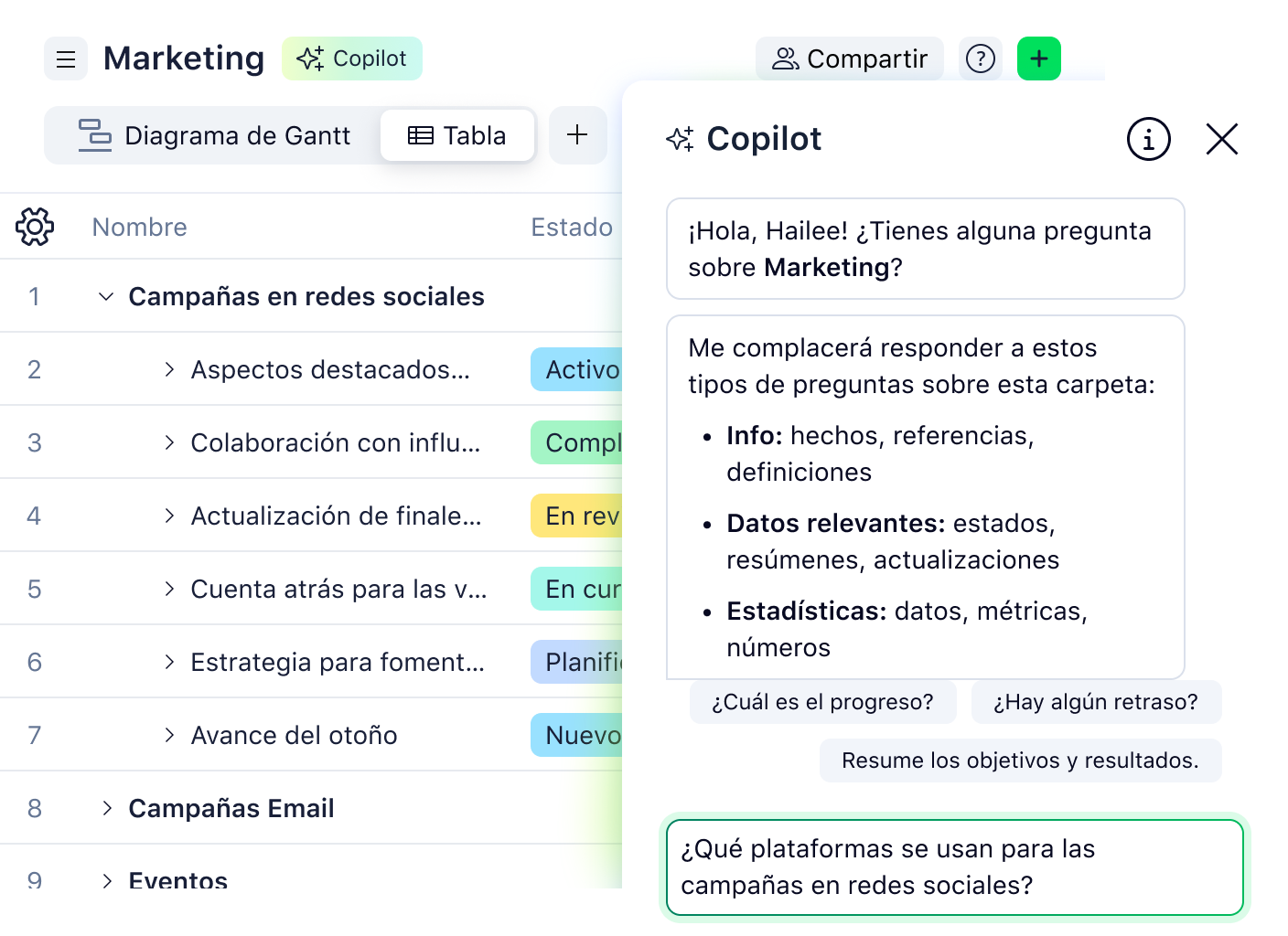 Vista de tabla de piloto automático IA en software de gestión de proyectos.