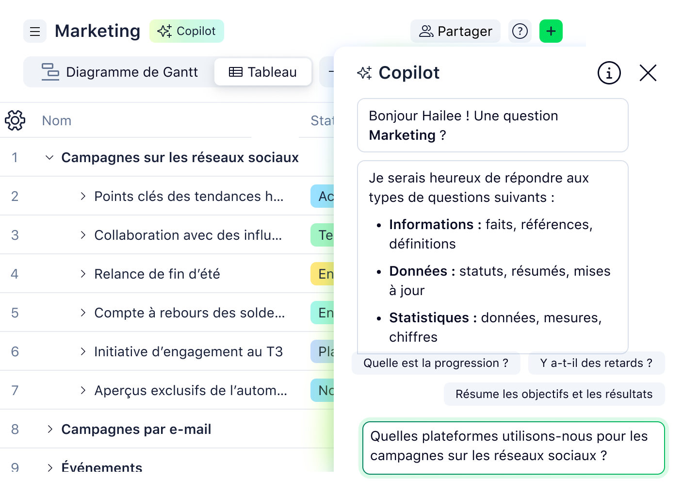 Tableau Vue avec Colonnes de Projet, Tâches et Dates pour Gestion de Projet.