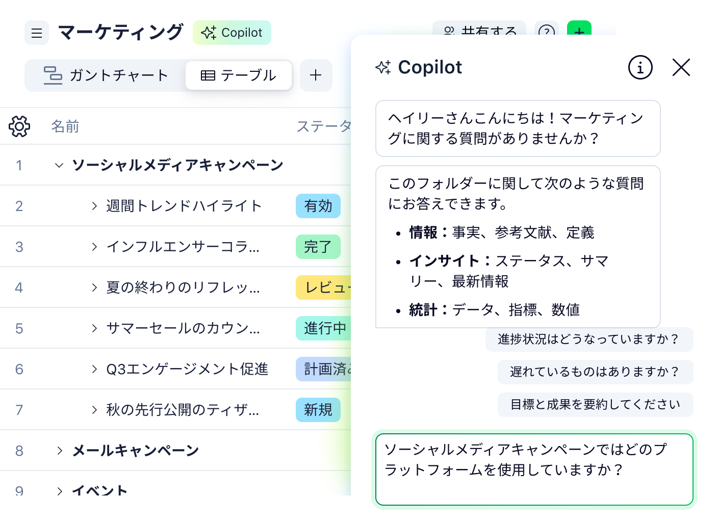 AIコパイロットのテーブルビューでのタスク管理ダッシュボード。