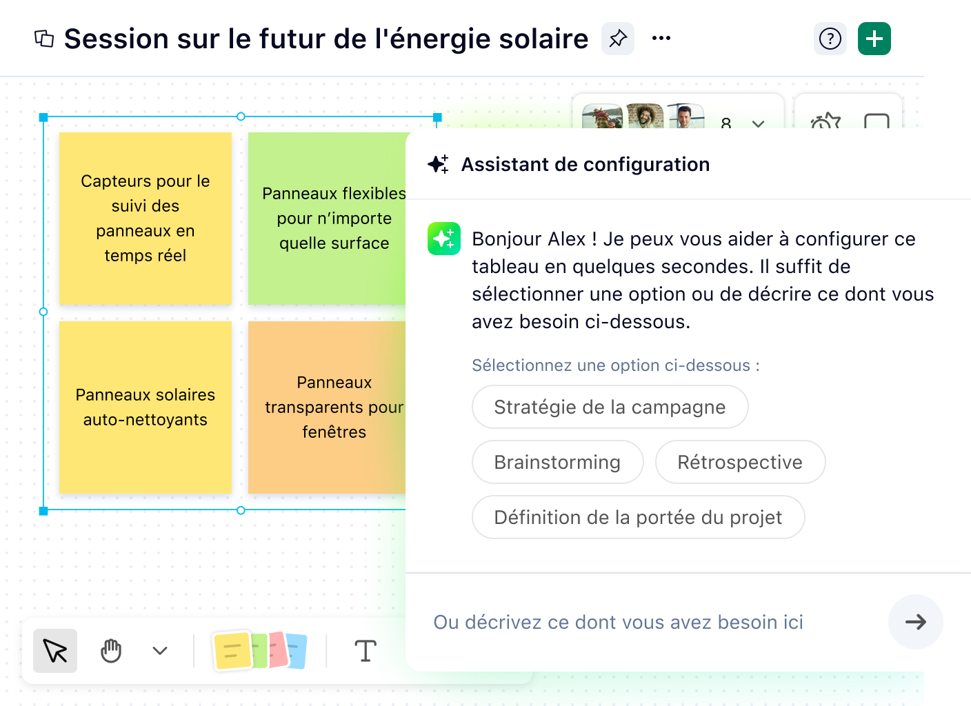 Assistant IA dans Wrike Whiteboard avec annotations et interface collaborative.
