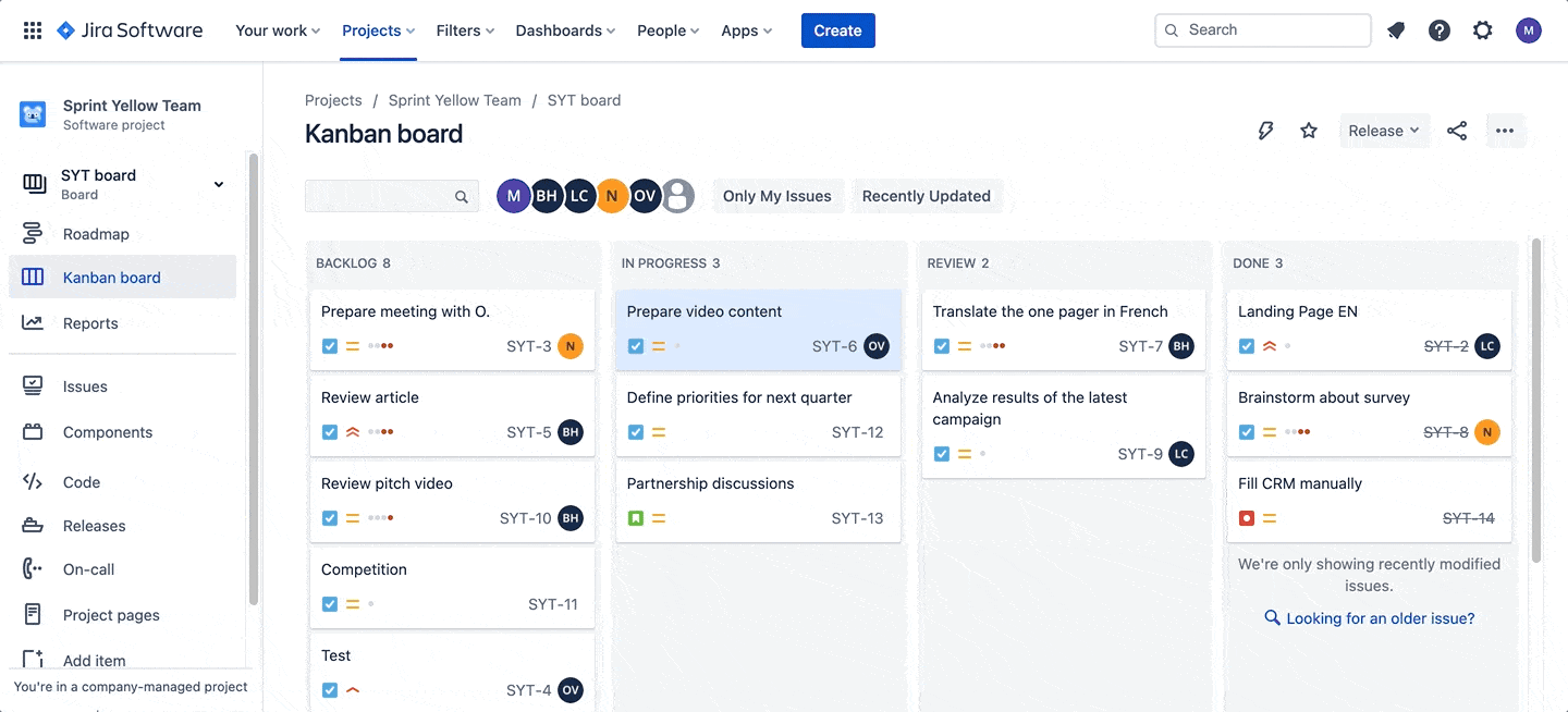Kanban board showing tasks moving across To Do, In Progress and Done columns.